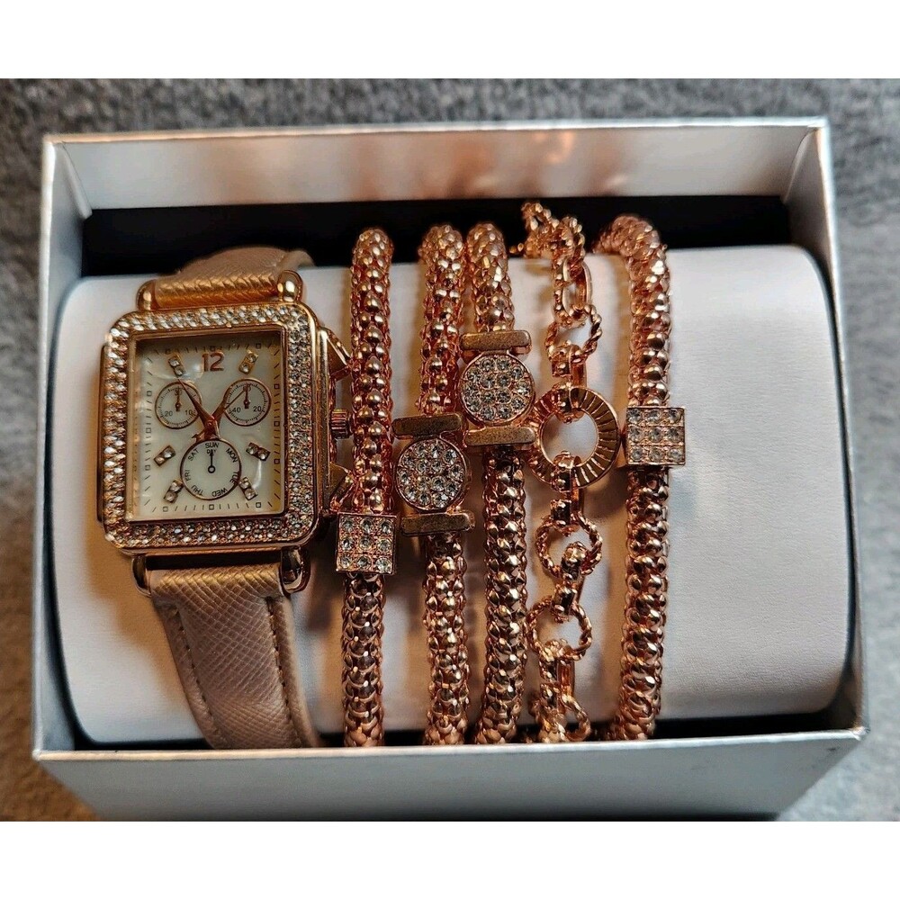 American Exchange Women's Gold-tone Metal Analog Watch & Bracelets Set
